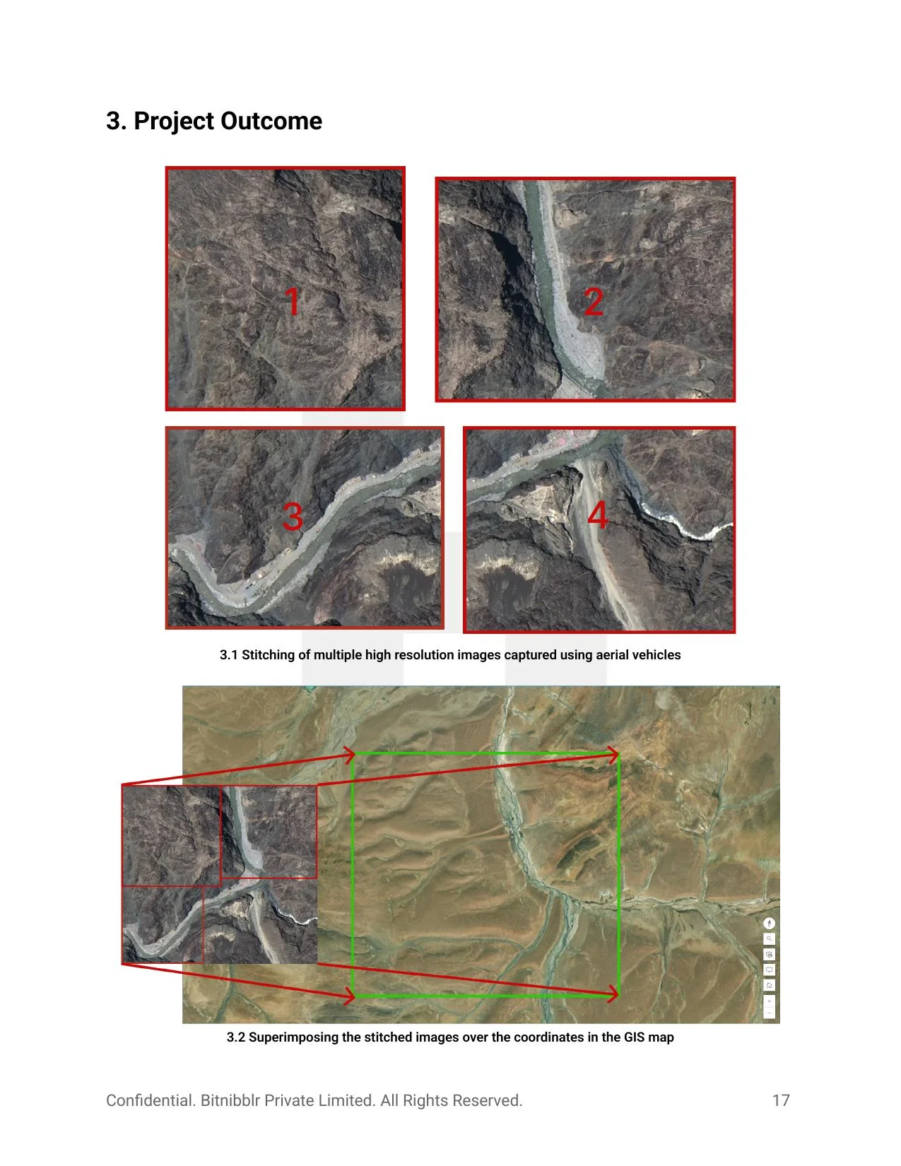 Top: 4 separate aerial captures stitched into a unified image. Bottom: Stitched image geo-aligned and placed on GIS map.
