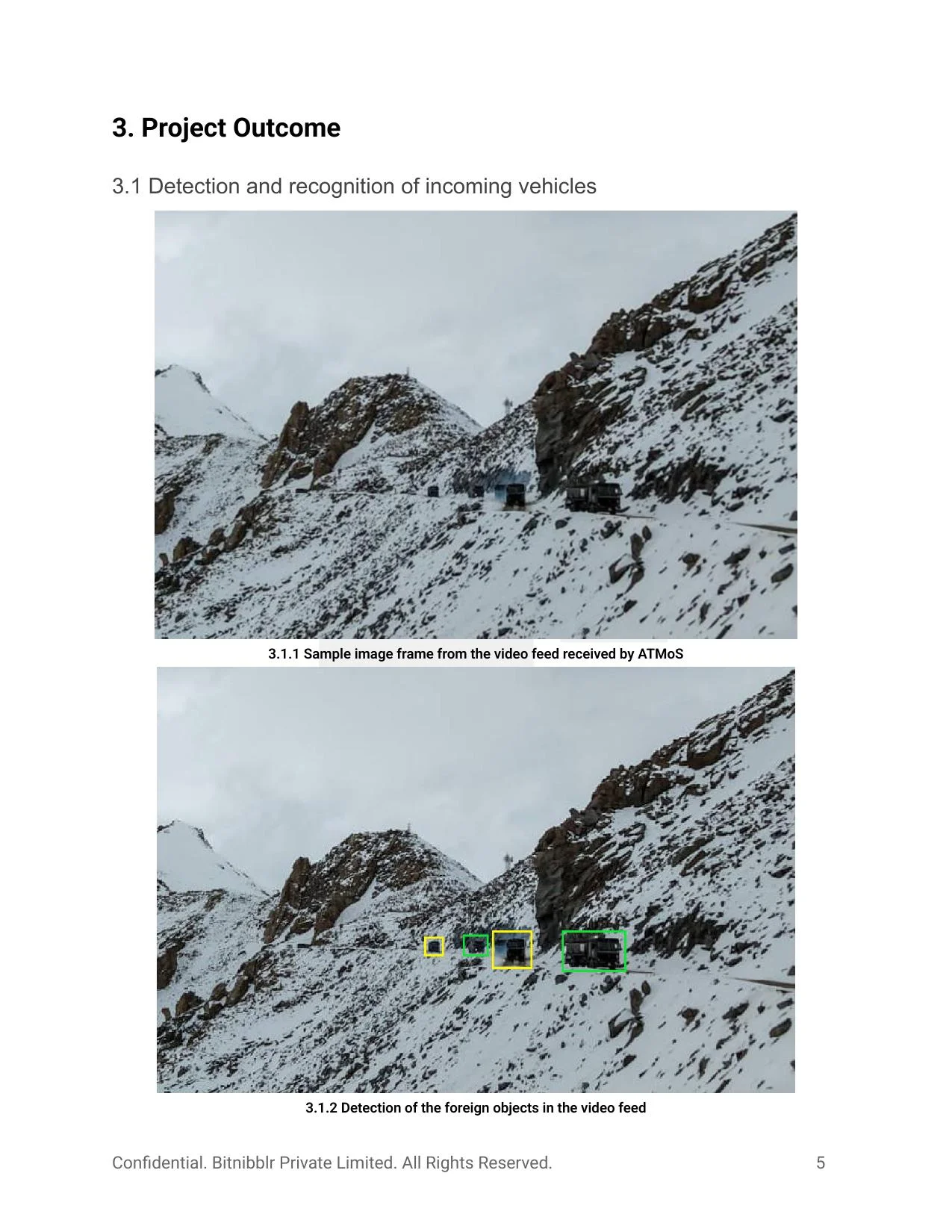 Live vehicle detection — bounding boxes overlaid on mountain terrain feed