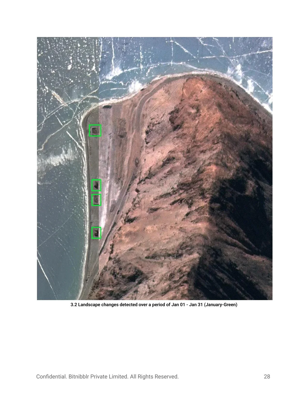 January baseline — initial construction activity detected (green boxes)
