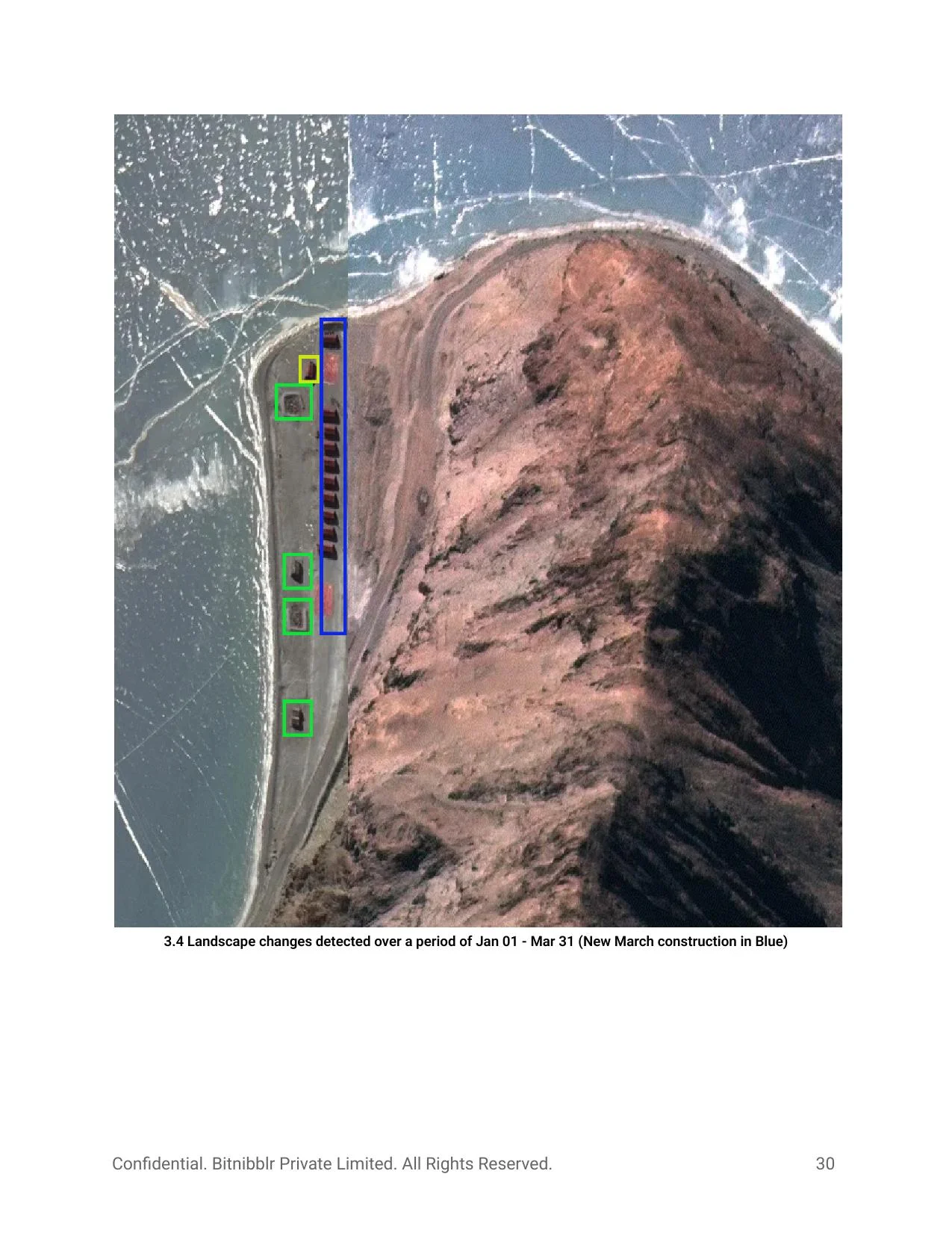 Multi-month construction timeline — January (green), February (yellow), March (blue) overlaid on satellite view