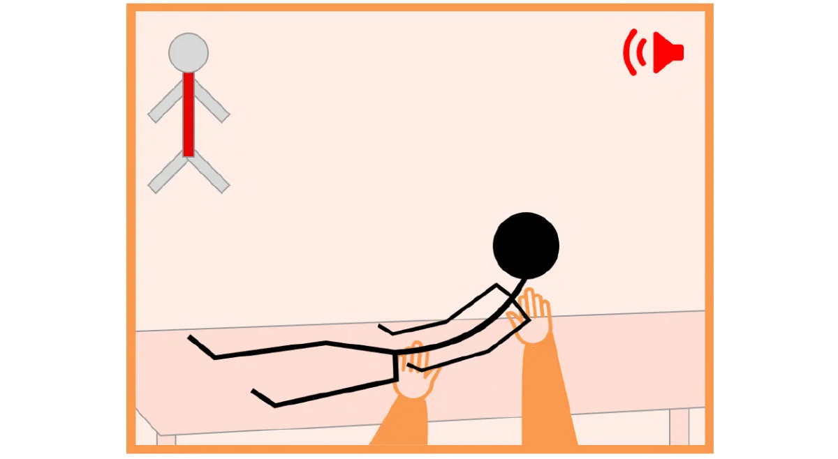 Concurrent feedback: the tag-along avatar highlights the erroneous spine segment in red, paired with an audio cue