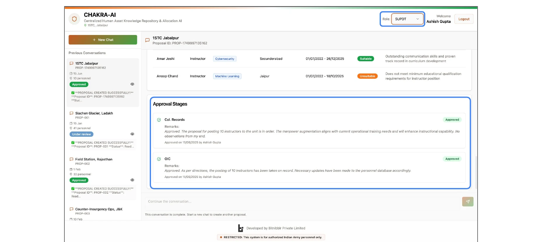 Approval completion: both stages showing "Approved" with full remarks and timestamps — the conversation is closed and records updated automatically