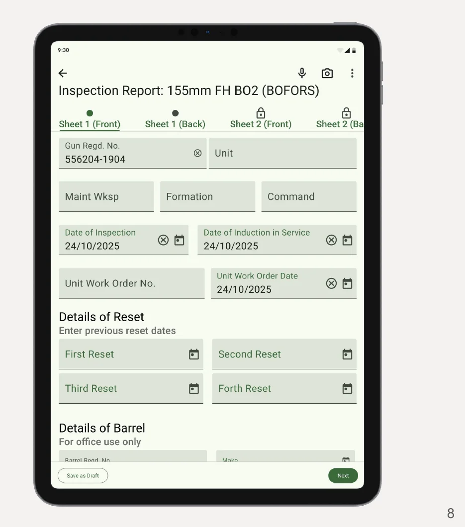 Android tablet inspection form: structured sections with mandatory field enforcement, fully offline